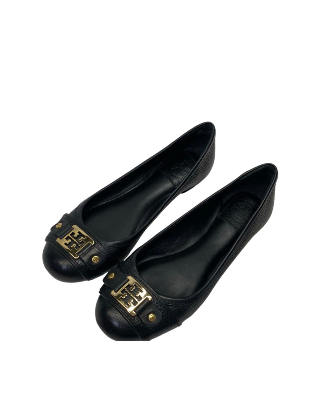 Tory Burch Black Pebbled Leather Gold Logo Buckle Cline Flats Sz 6